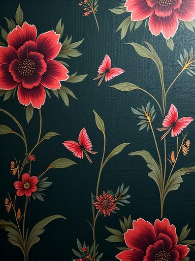 Dettaglio della carta da parati Giardino Segreto con fiori scuri e farfalle.